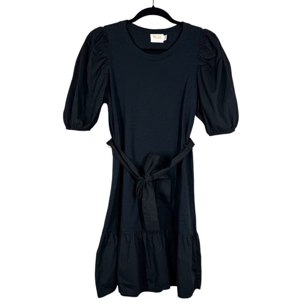 Nation LTD Evangeline Belted Mini Tiered Dress Black Puff Sleeve Size Medium